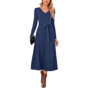 imageArachampampCloz Womens Wool Blend Tie Waist Pleated Fall Sweater Dress 2025Navy