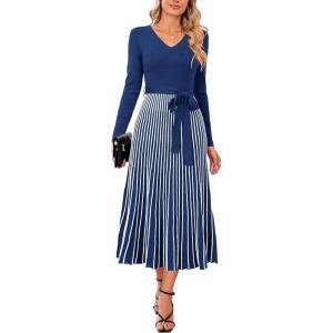 imageArachampampCloz Womens Wool Blend Tie Waist Pleated Fall Sweater Dress 2025Navy Bluewhite Stripe
