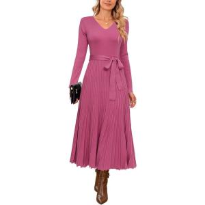imageArachampampCloz Womens Wool Blend Tie Waist Pleated Fall Sweater Dress 2025Rose Pink