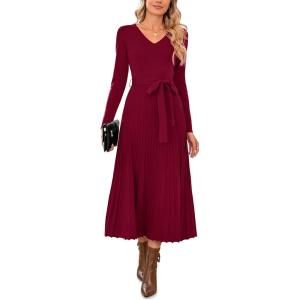 imageArachampampCloz Womens Wool Blend Tie Waist Pleated Fall Sweater Dress 2025Wine Red