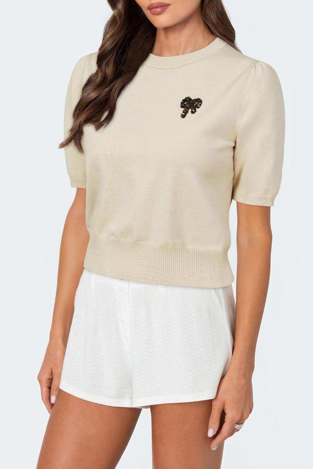 imageArachampampCloz Womens Puff Short Sleeve Shirts 2025 Summer Crew Neck Sequin Cute Crop Tops Trendy Casual PulloverApricot