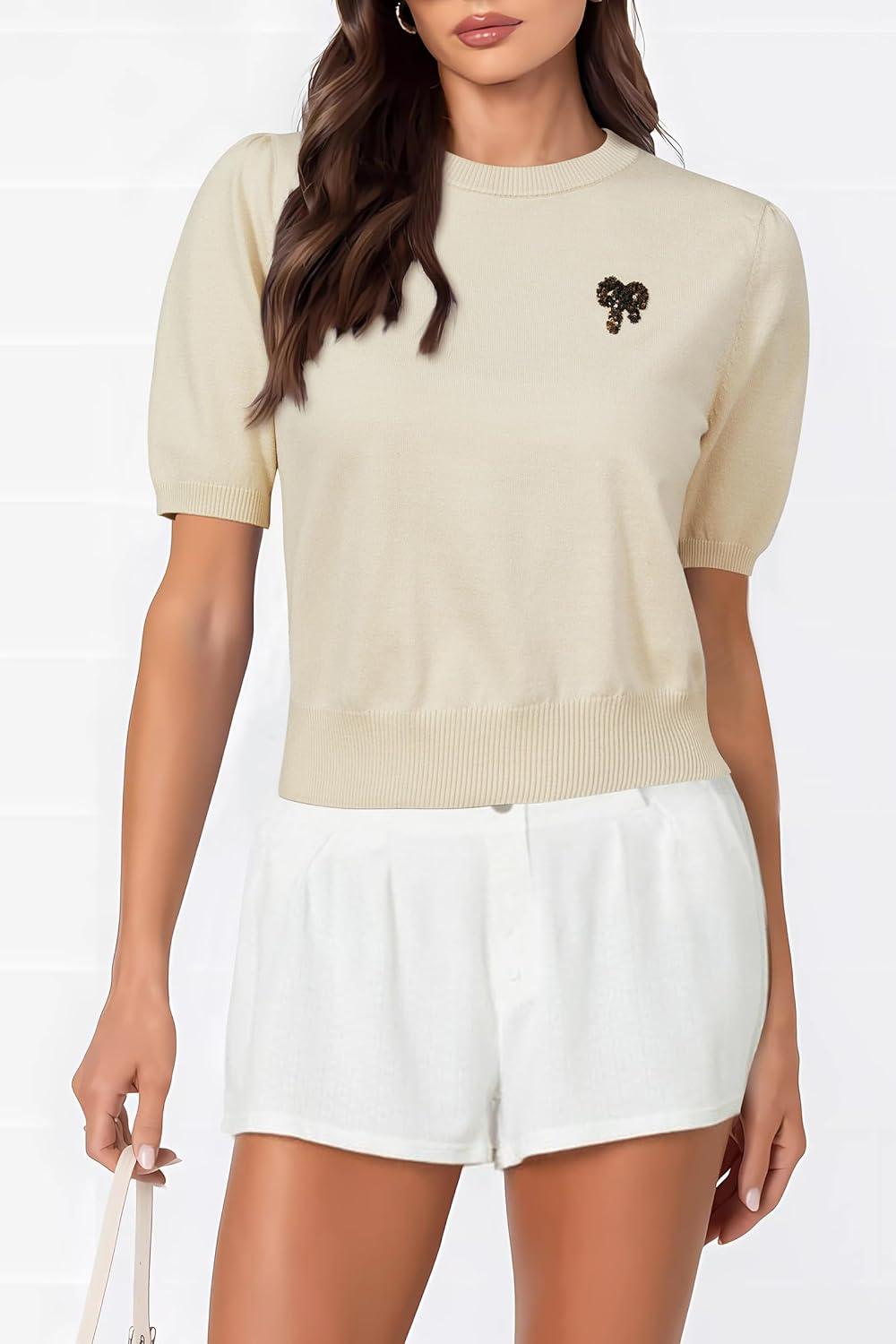 imageArachampampCloz Womens Puff Short Sleeve Shirts 2025 Summer Crew Neck Sequin Cute Crop Tops Trendy Casual PulloverApricot