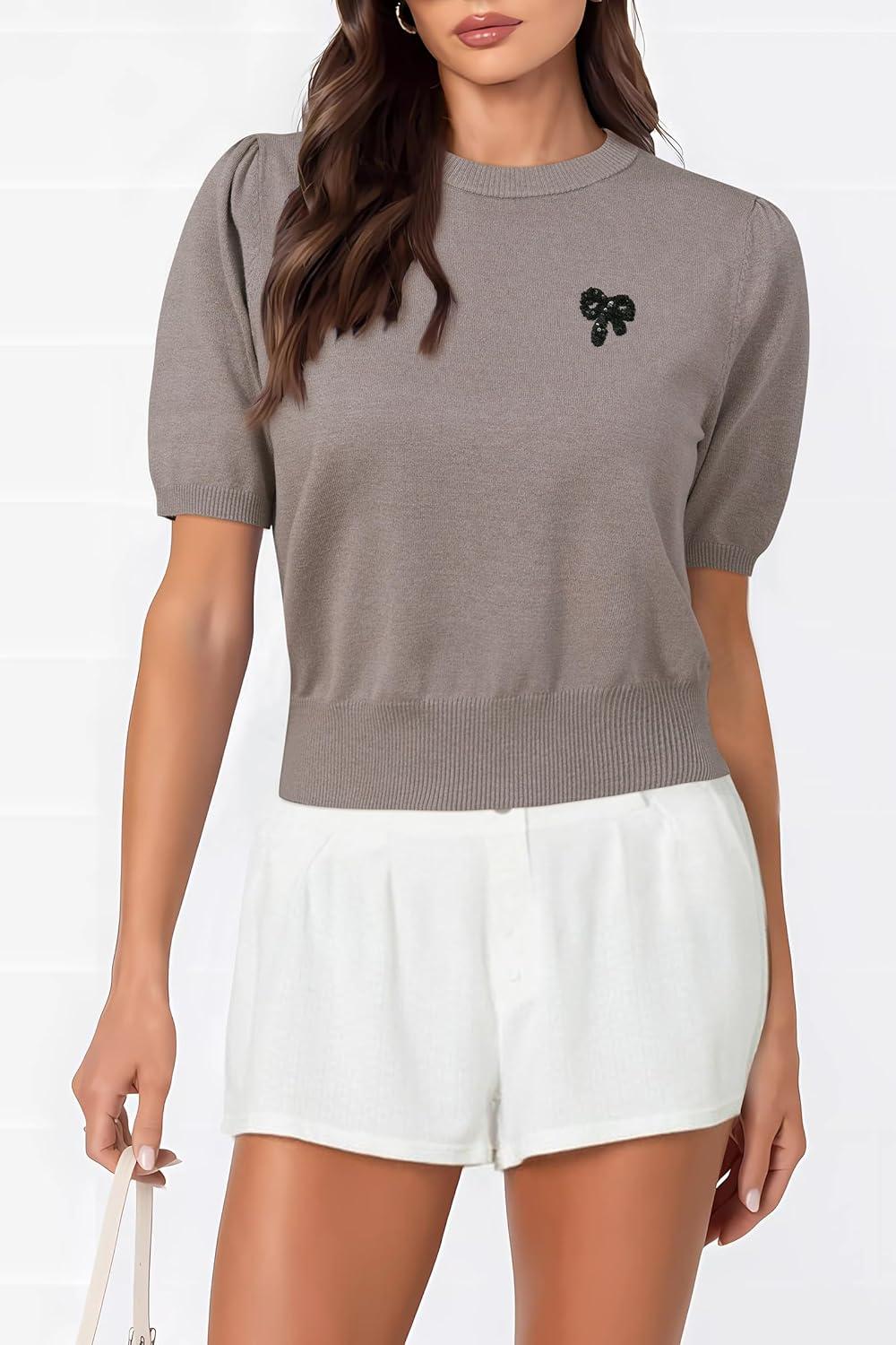 imageArachampampCloz Womens Puff Short Sleeve Shirts 2025 Summer Crew Neck Sequin Cute Crop Tops Trendy Casual PulloverCoffee