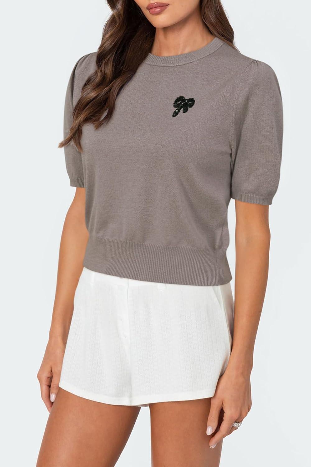 imageArachampampCloz Womens Puff Short Sleeve Shirts 2025 Summer Crew Neck Sequin Cute Crop Tops Trendy Casual PulloverCoffee