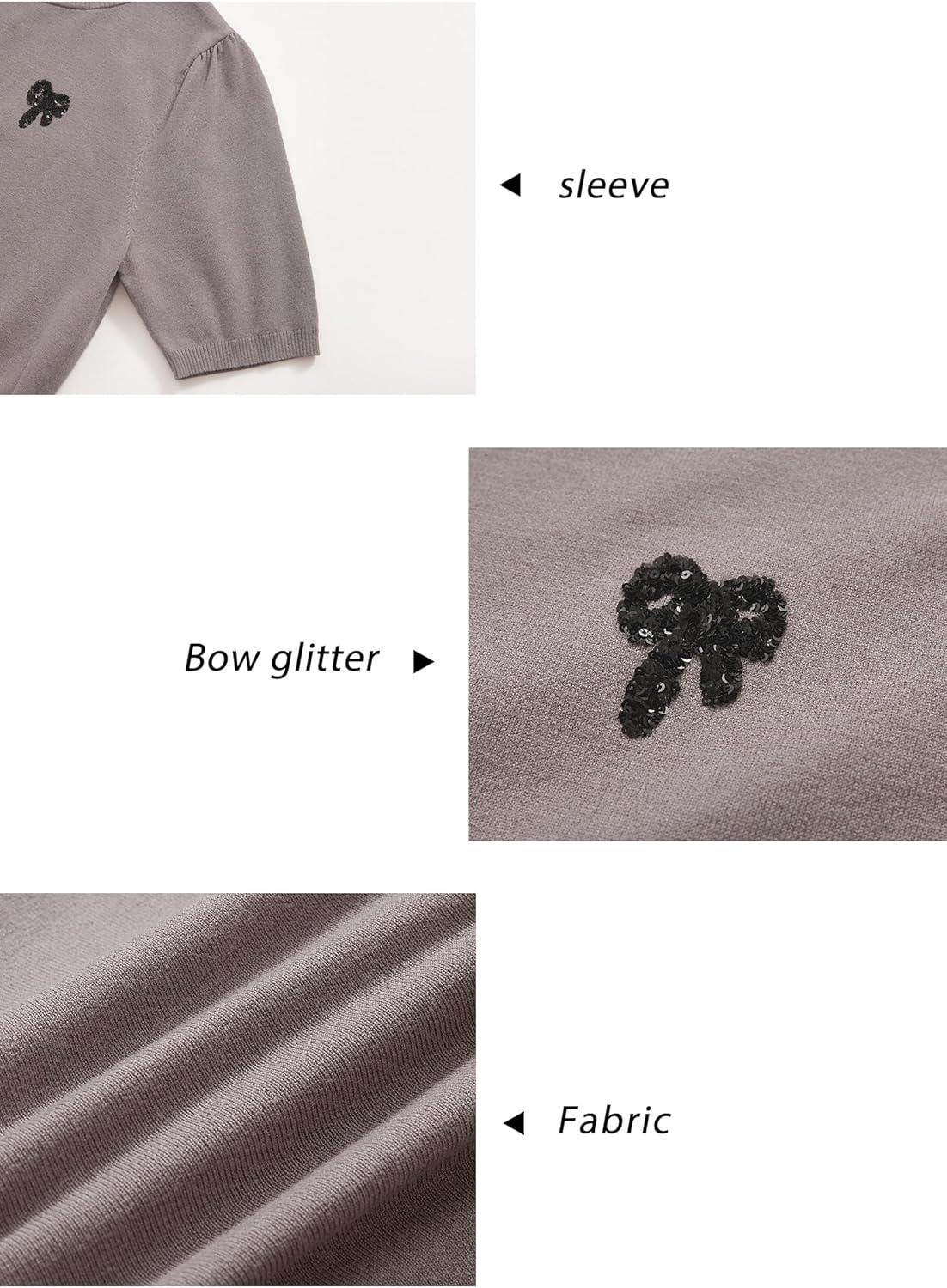 imageArachampampCloz Womens Puff Short Sleeve Shirts 2025 Summer Crew Neck Sequin Cute Crop Tops Trendy Casual PulloverCoffee