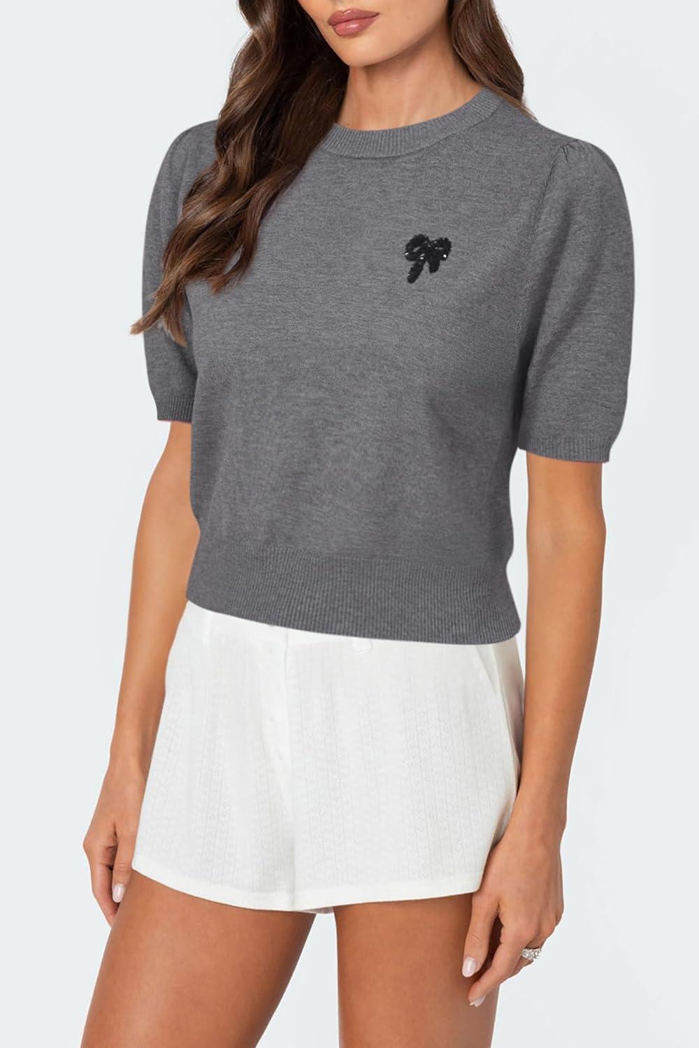 imageArachampampCloz Womens Puff Short Sleeve Shirts 2025 Summer Crew Neck Sequin Cute Crop Tops Trendy Casual PulloverDark Grey