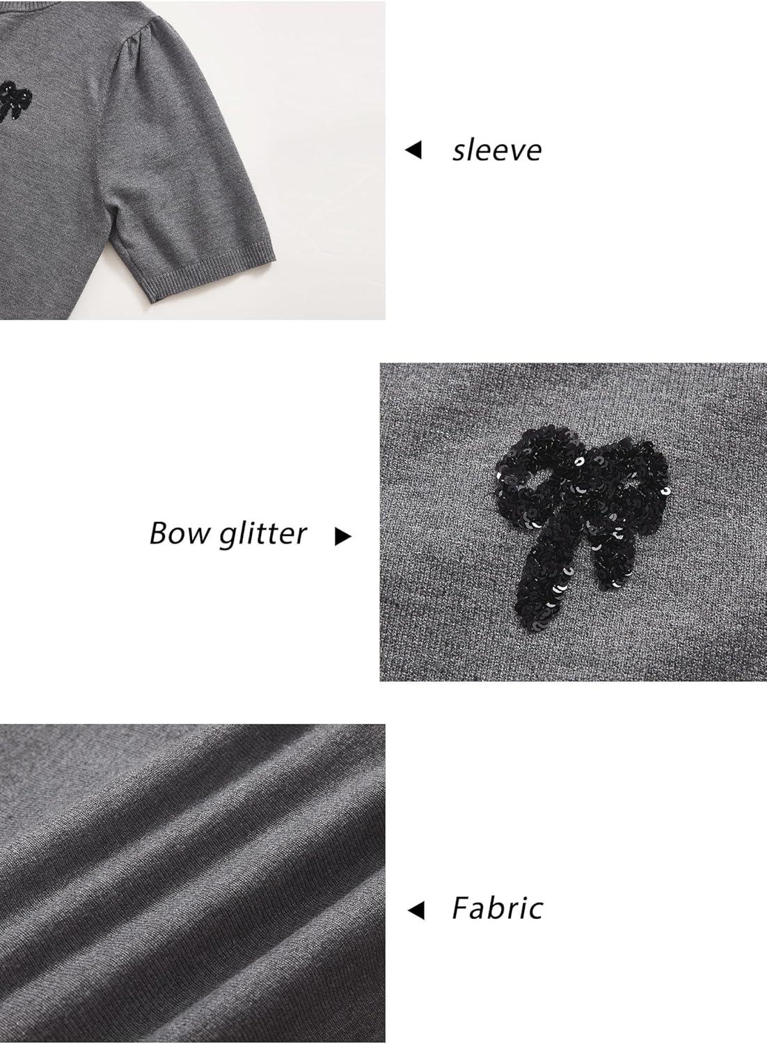 imageArachampampCloz Womens Puff Short Sleeve Shirts 2025 Summer Crew Neck Sequin Cute Crop Tops Trendy Casual PulloverDark Grey