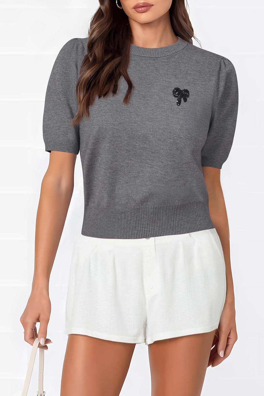 imageArachampampCloz Womens Puff Short Sleeve Shirts 2025 Summer Crew Neck Sequin Cute Crop Tops Trendy Casual PulloverDark Grey