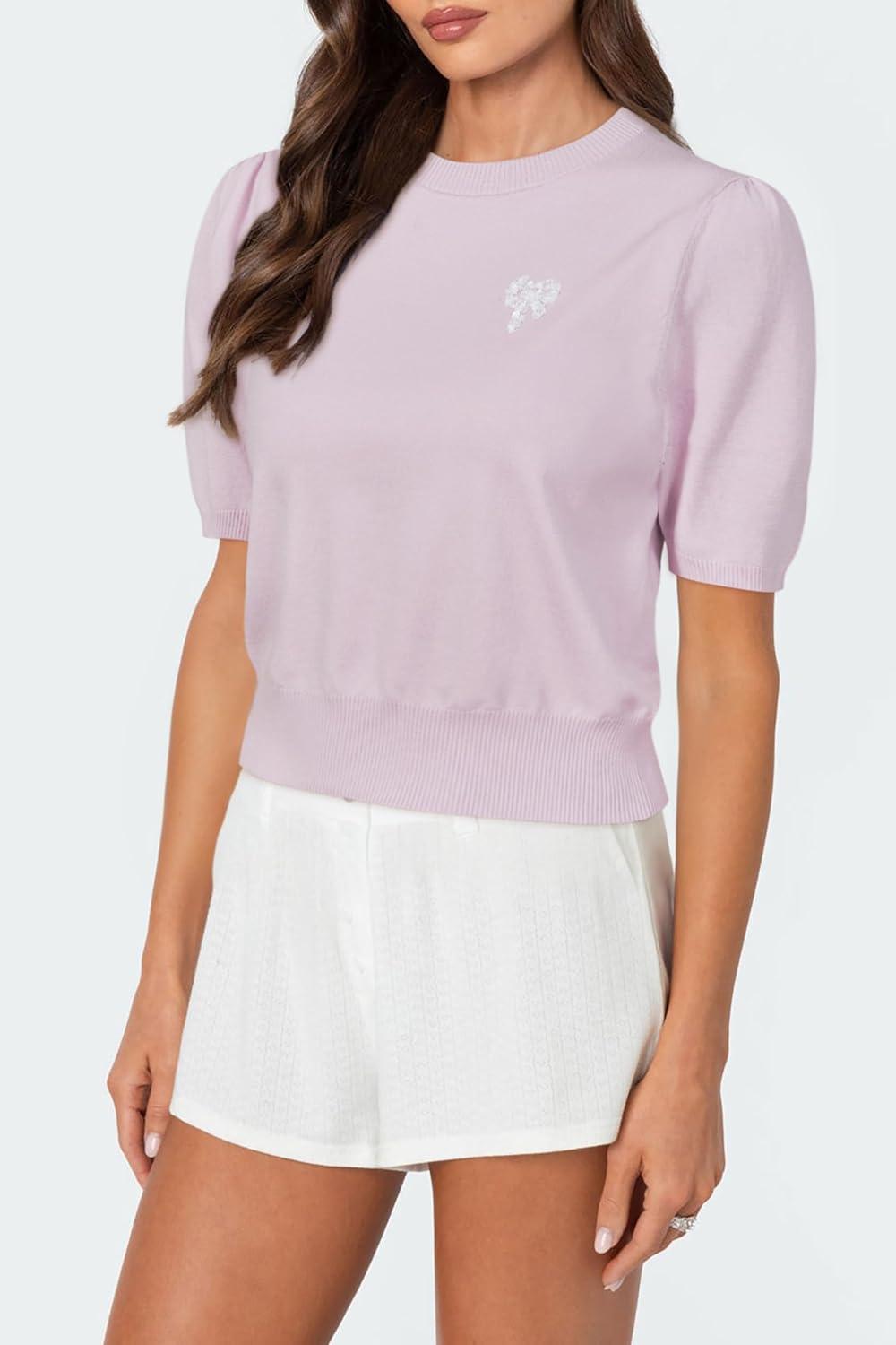 imageArachampampCloz Womens Puff Short Sleeve Shirts 2025 Summer Crew Neck Sequin Cute Crop Tops Trendy Casual PulloverLight Pink