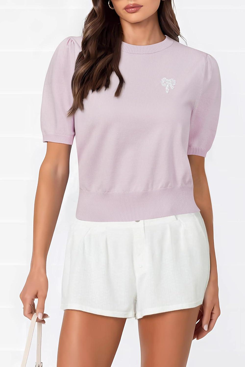 imageArachampampCloz Womens Puff Short Sleeve Shirts 2025 Summer Crew Neck Sequin Cute Crop Tops Trendy Casual PulloverLight Pink