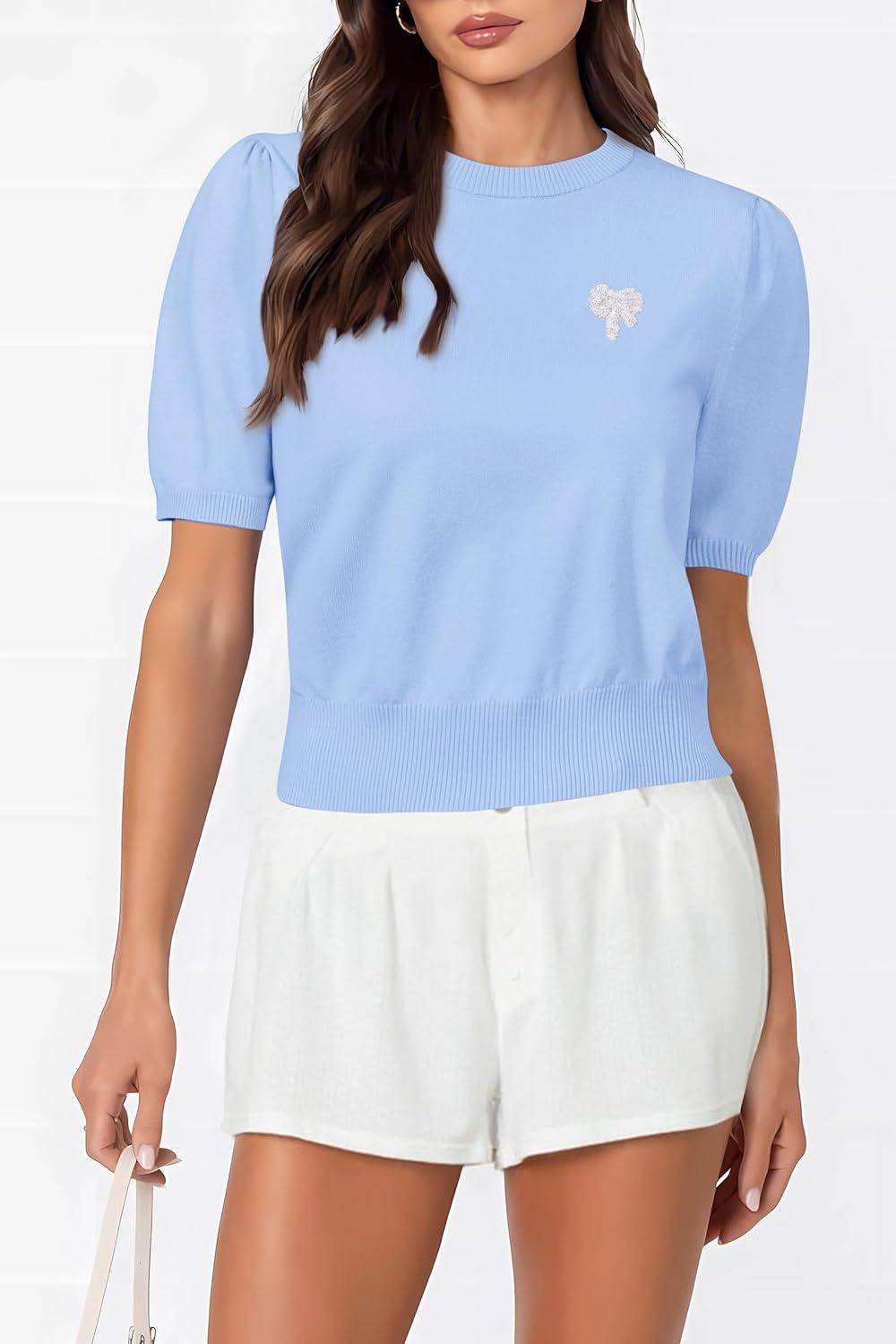 imageArachampampCloz Womens Puff Short Sleeve Shirts 2025 Summer Crew Neck Sequin Cute Crop Tops Trendy Casual PulloverSky Blue