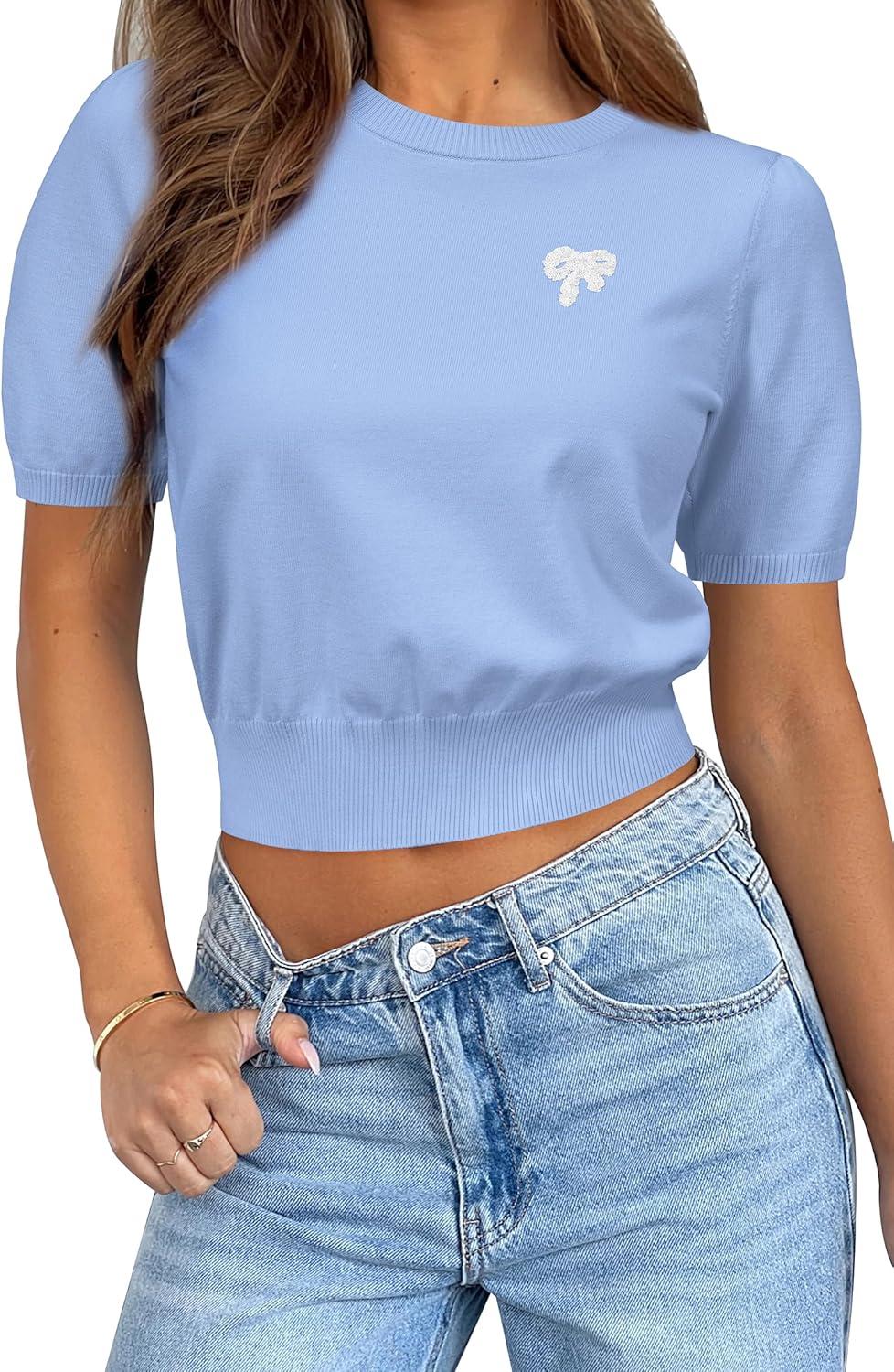 imageArachampampCloz Womens Puff Short Sleeve Shirts 2025 Summer Crew Neck Sequin Cute Crop Tops Trendy Casual PulloverSky Blue