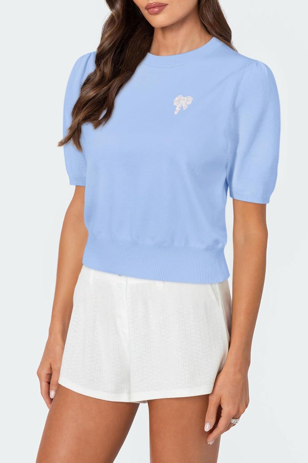 imageArachampampCloz Womens Puff Short Sleeve Shirts 2025 Summer Crew Neck Sequin Cute Crop Tops Trendy Casual PulloverSky Blue