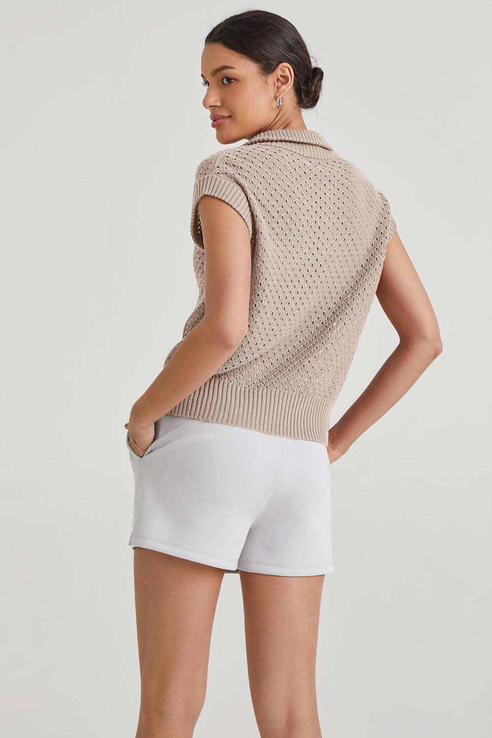 imageArachampampCloz Womens Summer Cap Sleeve Sweater Vest 2025 Spring Casual Quarter Zip Hollow Out Crochet Polo V Neck TopsApricot