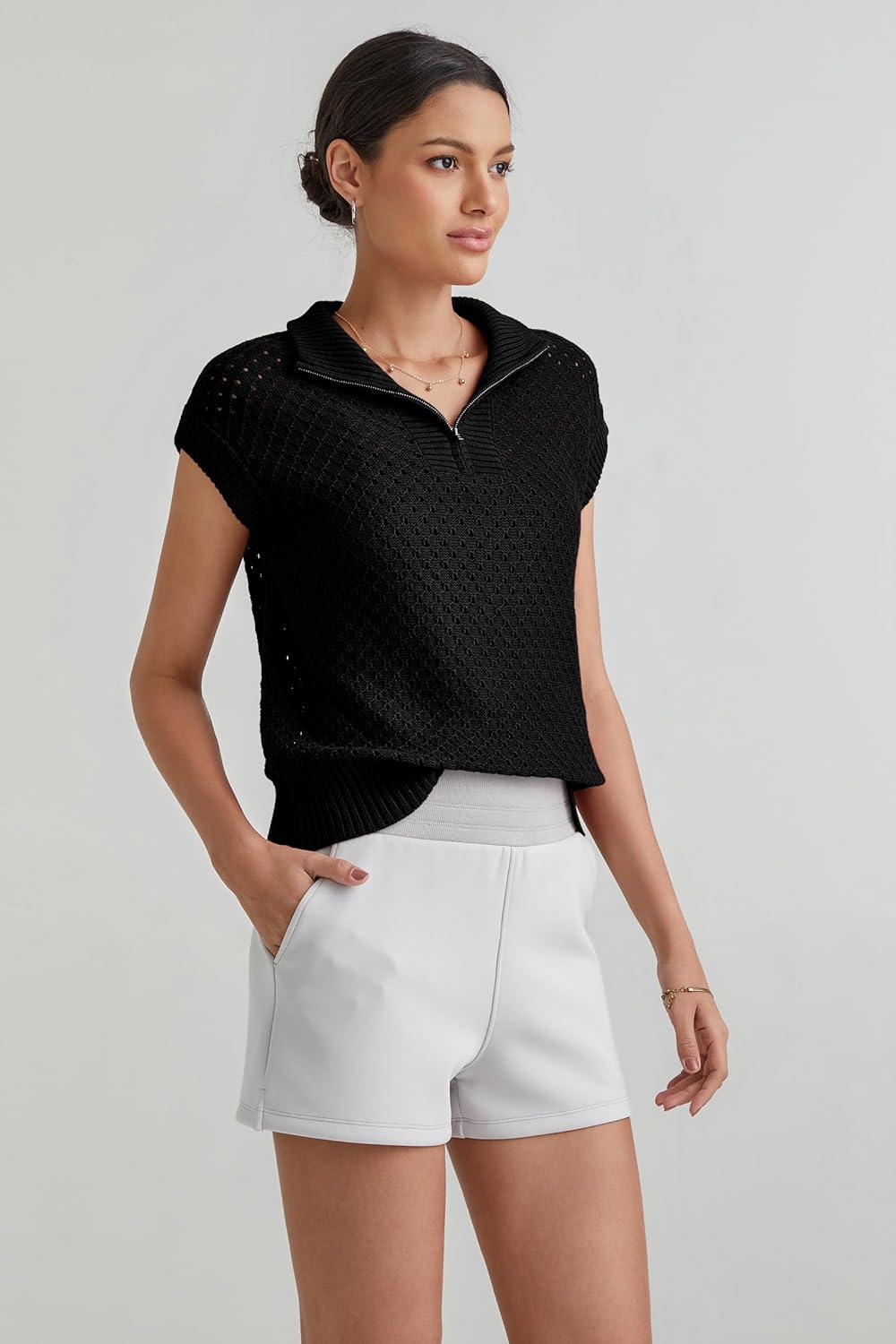 imageArachampampCloz Womens Summer Cap Sleeve Sweater Vest 2025 Spring Casual Quarter Zip Hollow Out Crochet Polo V Neck TopsBlack