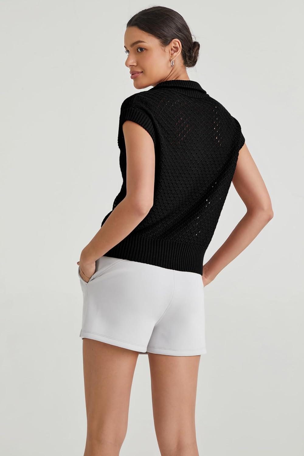 imageArachampampCloz Womens Summer Cap Sleeve Sweater Vest 2025 Spring Casual Quarter Zip Hollow Out Crochet Polo V Neck TopsBlack