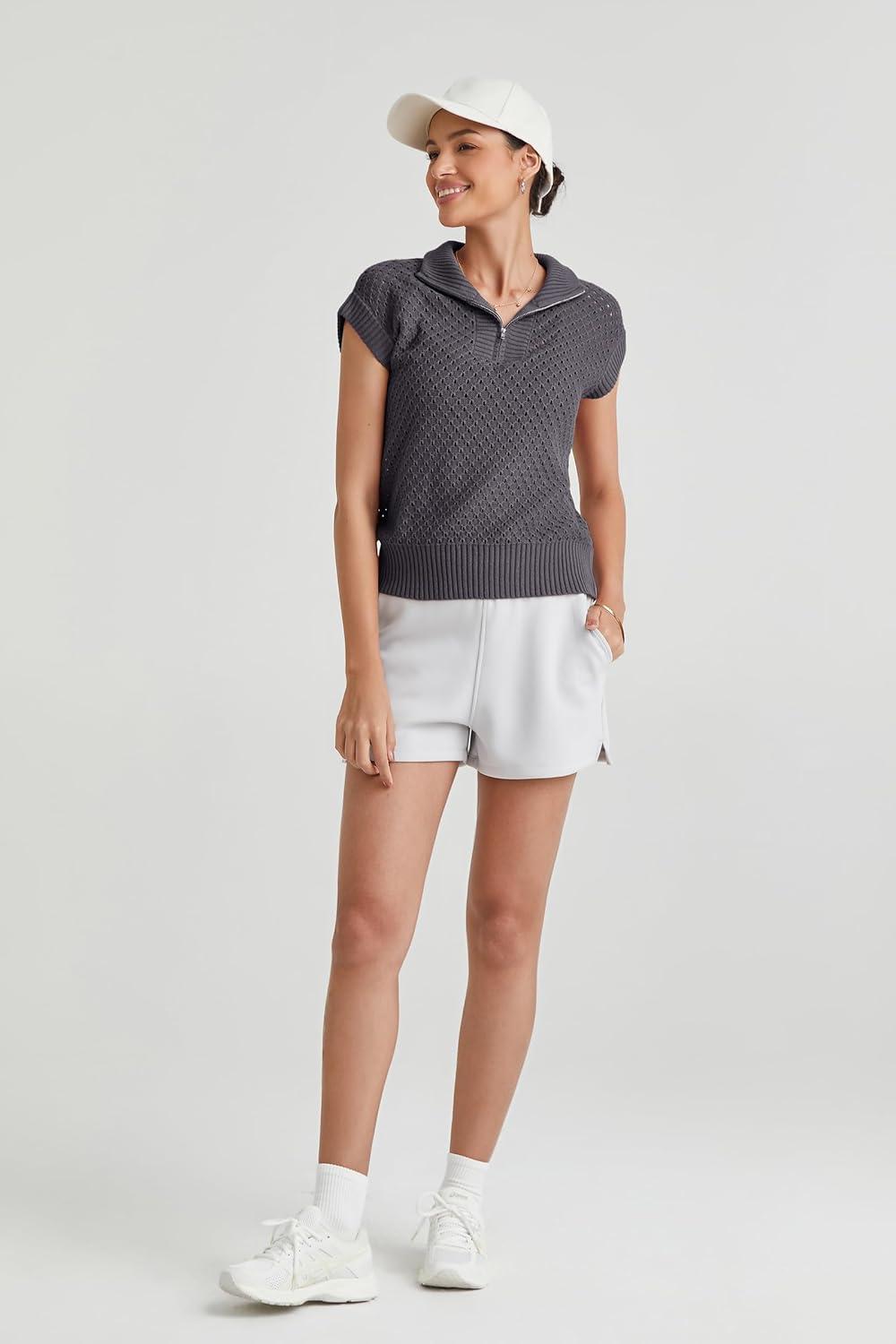 imageArachampampCloz Womens Summer Cap Sleeve Sweater Vest 2025 Spring Casual Quarter Zip Hollow Out Crochet Polo V Neck TopsDark Grey