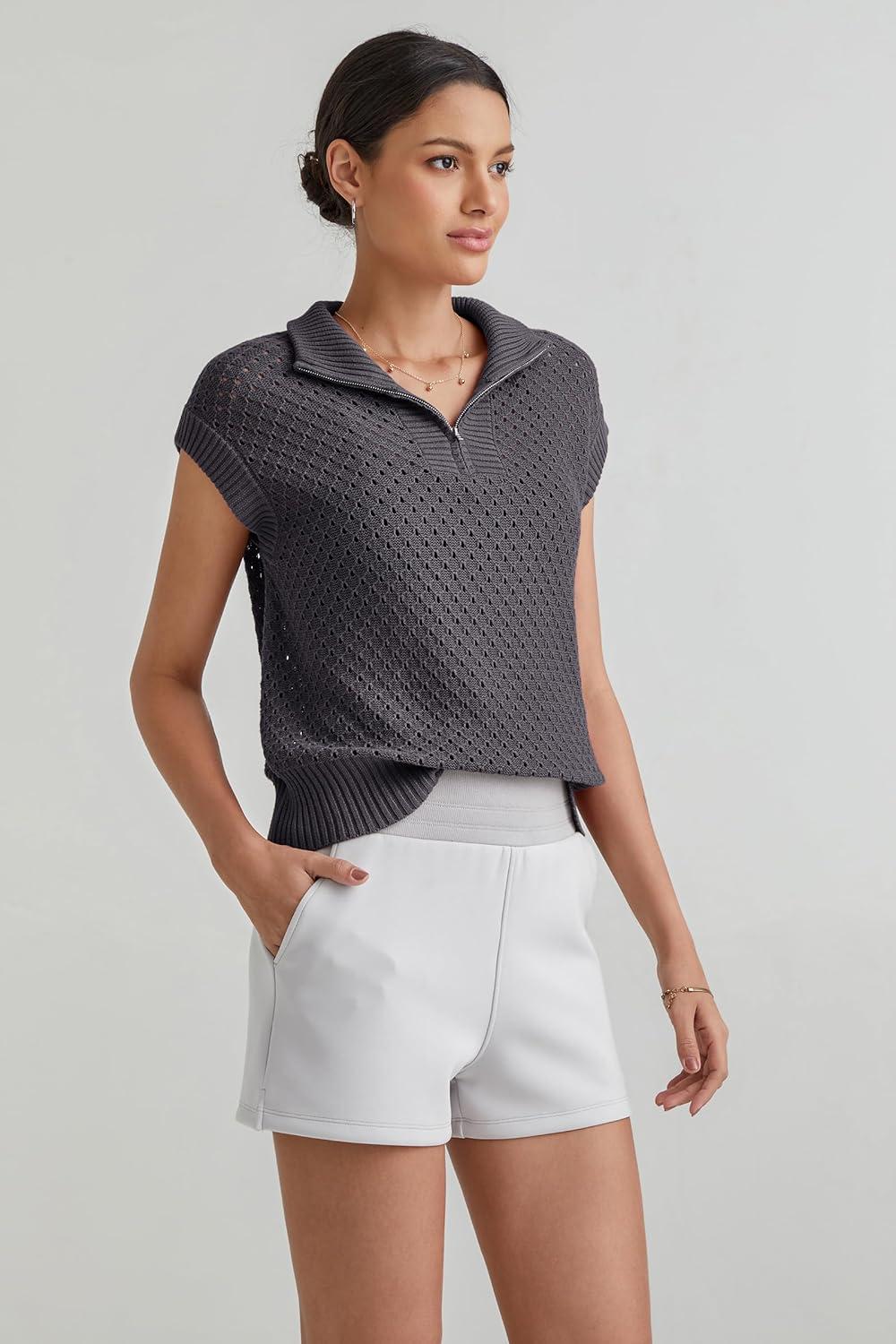 imageArachampampCloz Womens Summer Cap Sleeve Sweater Vest 2025 Spring Casual Quarter Zip Hollow Out Crochet Polo V Neck TopsDark Grey