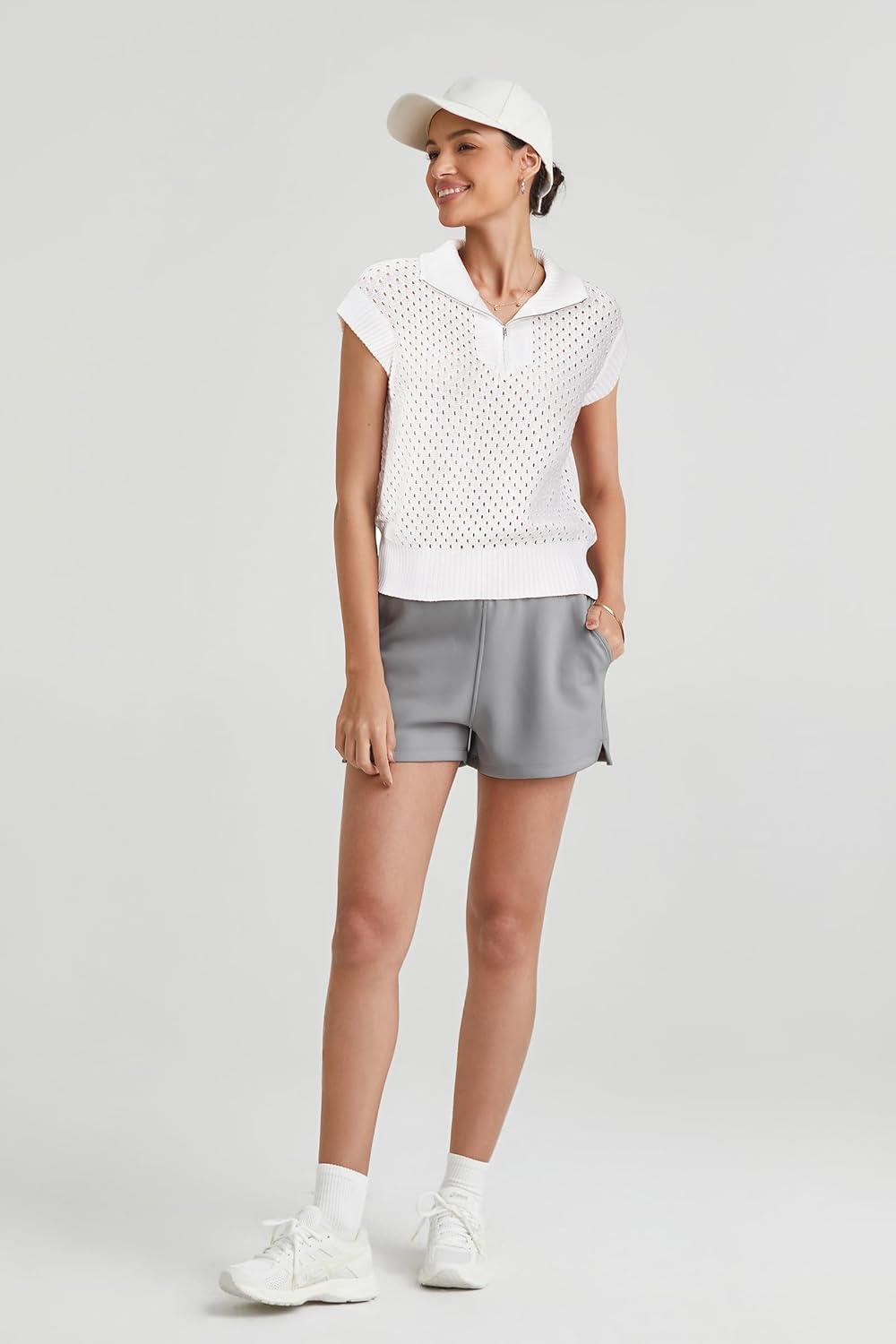 imageArachampampCloz Womens Summer Cap Sleeve Sweater Vest 2025 Spring Casual Quarter Zip Hollow Out Crochet Polo V Neck TopsOffwhite