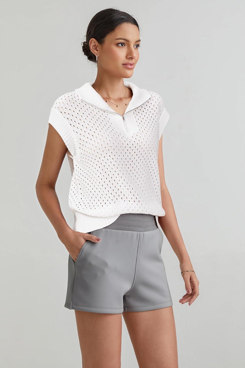 imageArachampampCloz Womens Summer Cap Sleeve Sweater Vest 2025 Spring Casual Quarter Zip Hollow Out Crochet Polo V Neck TopsOffwhite