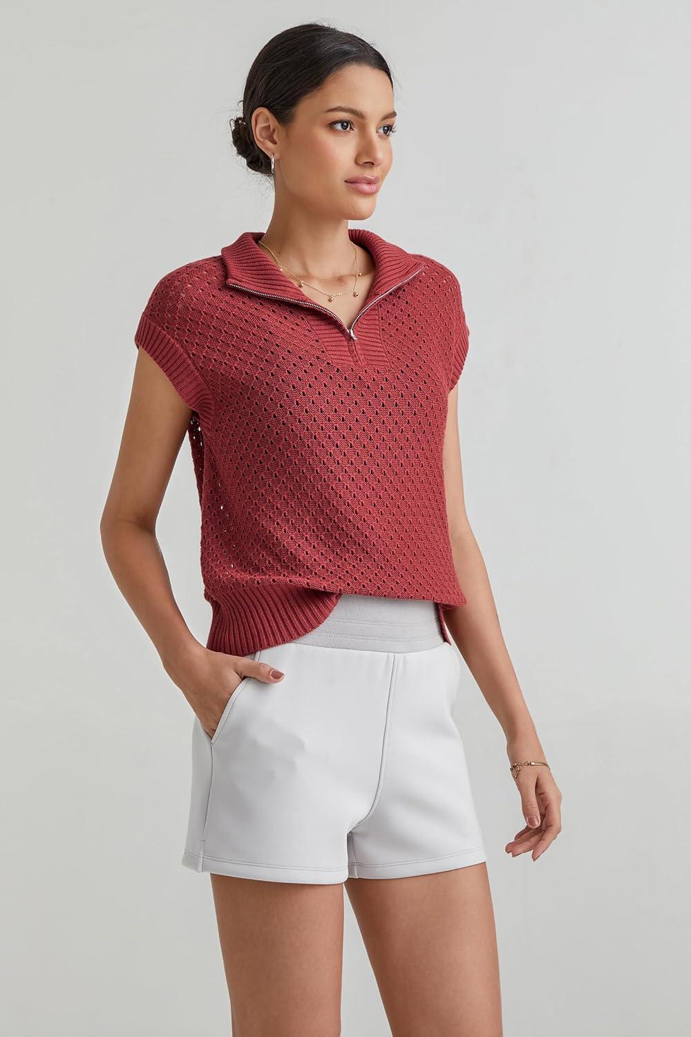 imageArachampampCloz Womens Summer Cap Sleeve Sweater Vest 2025 Spring Casual Quarter Zip Hollow Out Crochet Polo V Neck TopsRust Brick Red