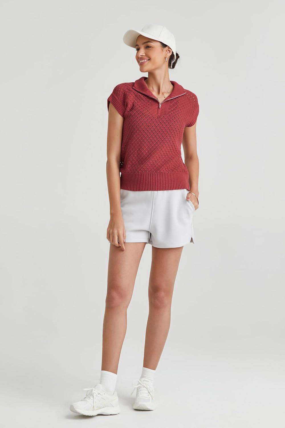 imageArachampampCloz Womens Summer Cap Sleeve Sweater Vest 2025 Spring Casual Quarter Zip Hollow Out Crochet Polo V Neck TopsRust Brick Red