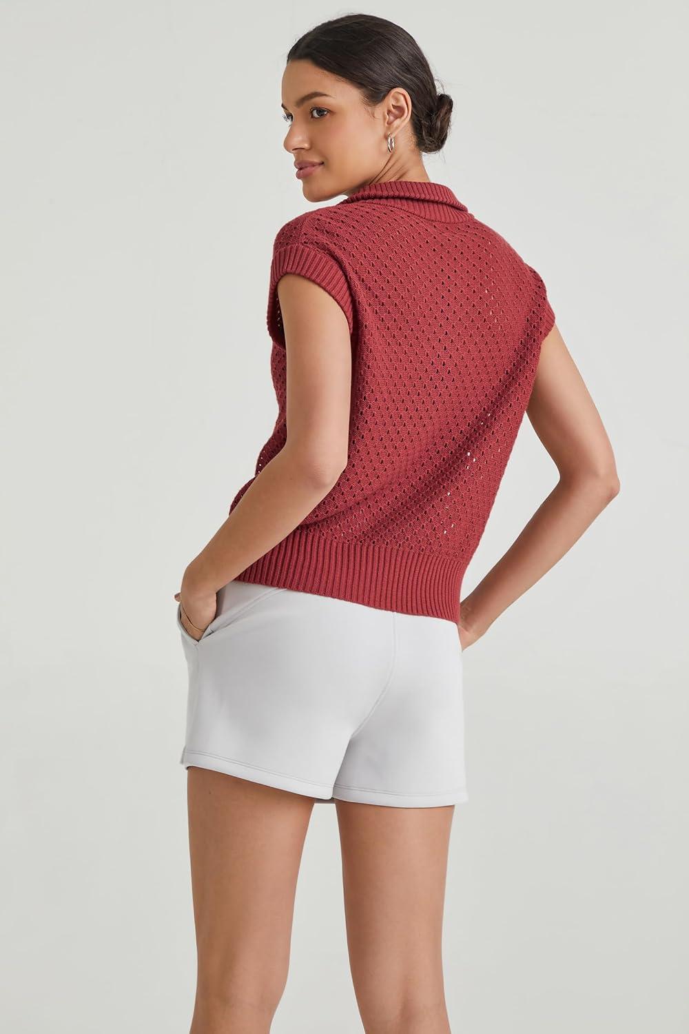 imageArachampampCloz Womens Summer Cap Sleeve Sweater Vest 2025 Spring Casual Quarter Zip Hollow Out Crochet Polo V Neck TopsRust Brick Red