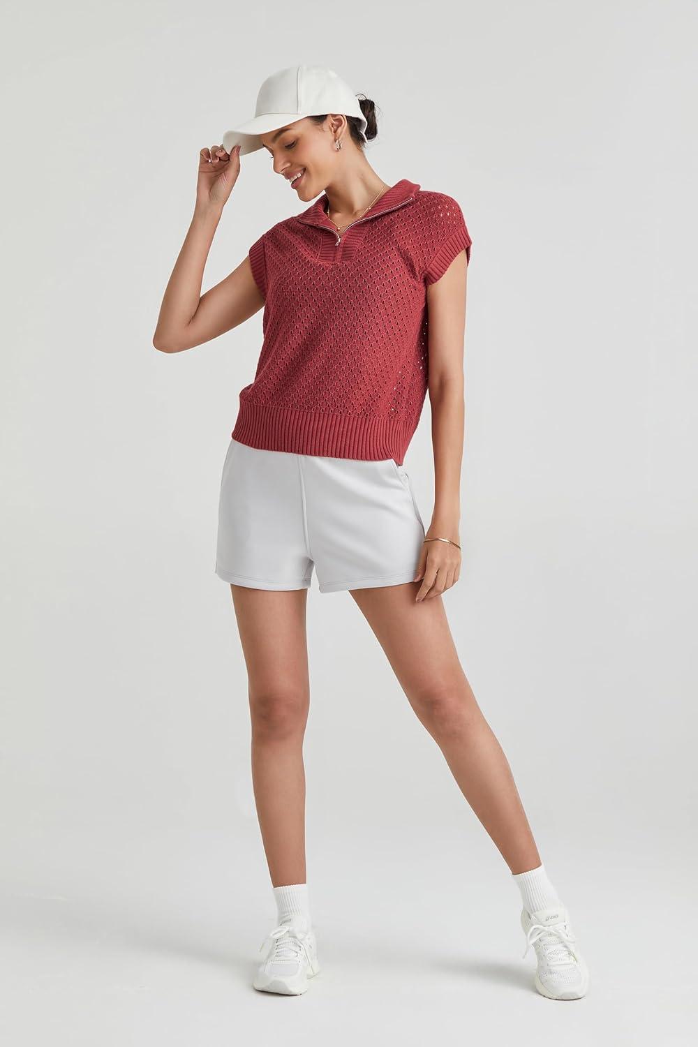 imageArachampampCloz Womens Summer Cap Sleeve Sweater Vest 2025 Spring Casual Quarter Zip Hollow Out Crochet Polo V Neck TopsRust Brick Red