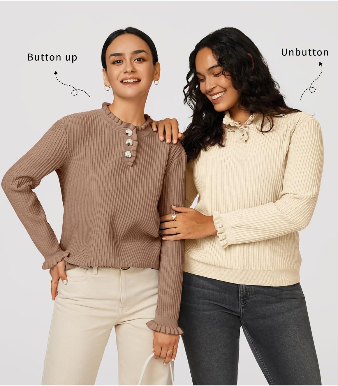 imageArachampampCloz Womens Swaters 2024 Fall Fashion Outfits Long Sleeve Crewneck Knit Tops Ruffle Casual TShirts Cute Tees BlousesApricot