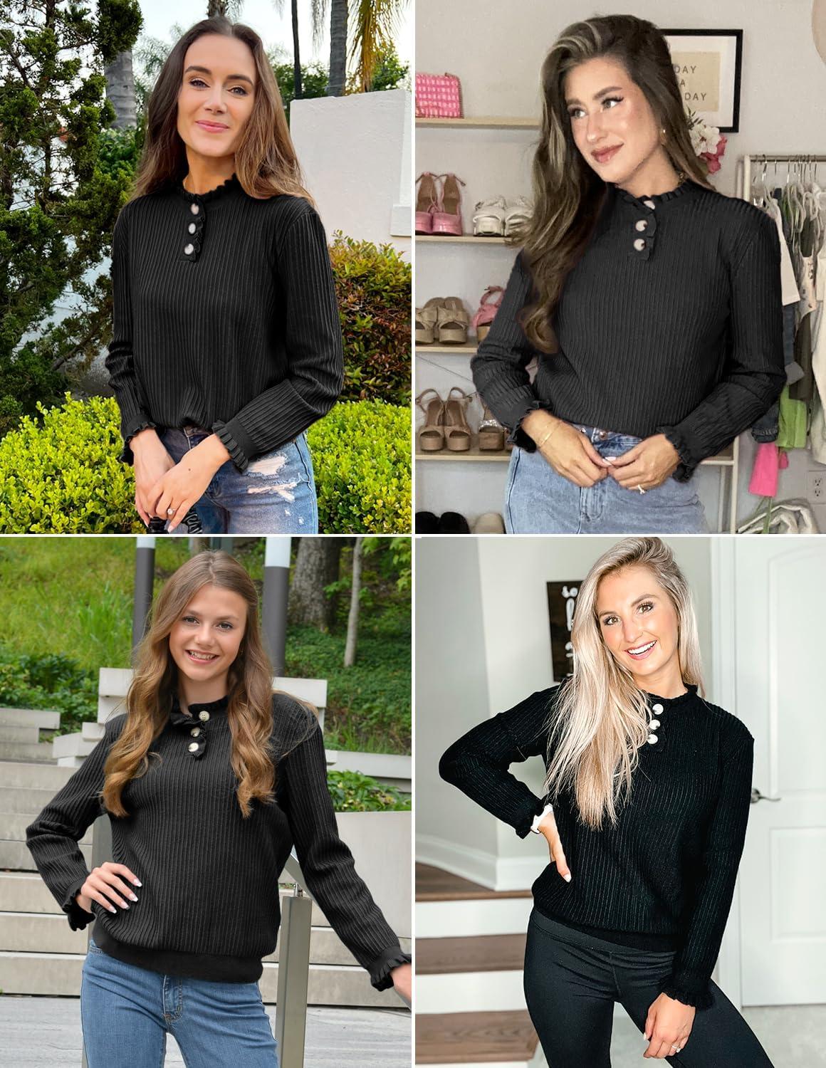 imageArachampampCloz Womens Swaters 2024 Fall Fashion Outfits Long Sleeve Crewneck Knit Tops Ruffle Casual TShirts Cute Tees BlousesBlack