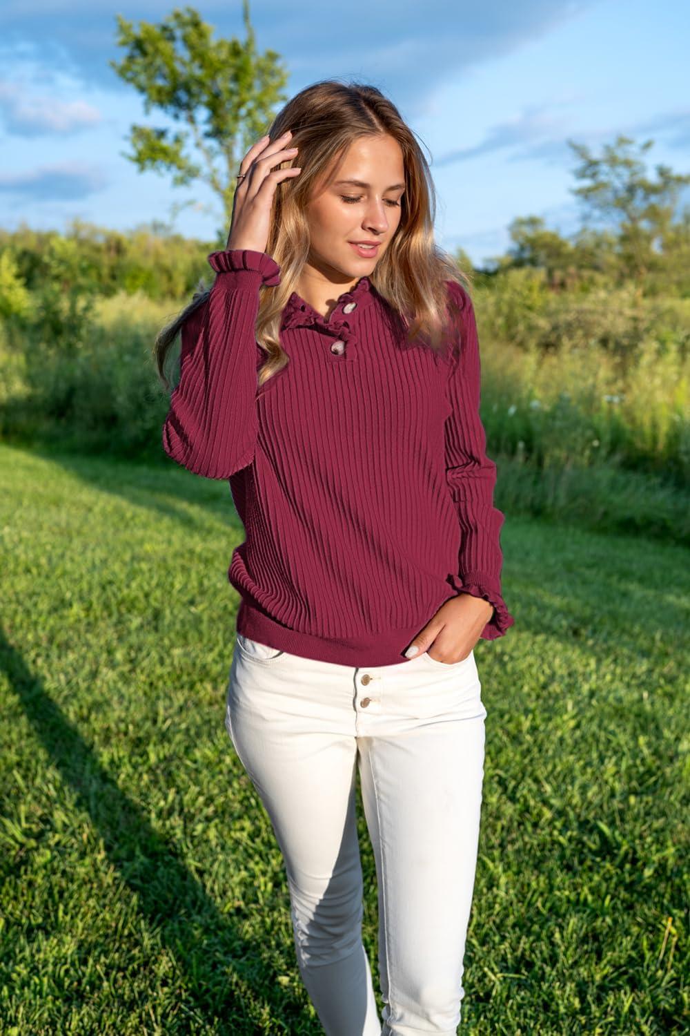 imageArachampampCloz Womens Swaters 2024 Fall Fashion Outfits Long Sleeve Crewneck Knit Tops Ruffle Casual TShirts Cute Tees BlousesBurgundy