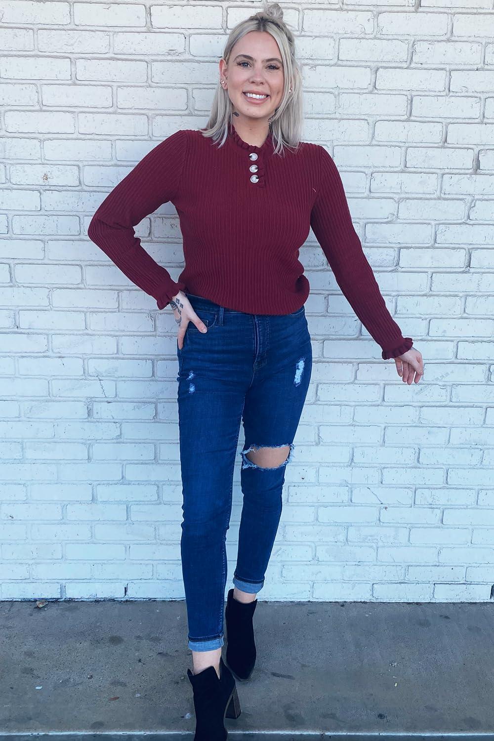 imageArachampampCloz Womens Swaters 2024 Fall Fashion Outfits Long Sleeve Crewneck Knit Tops Ruffle Casual TShirts Cute Tees BlousesBurgundy