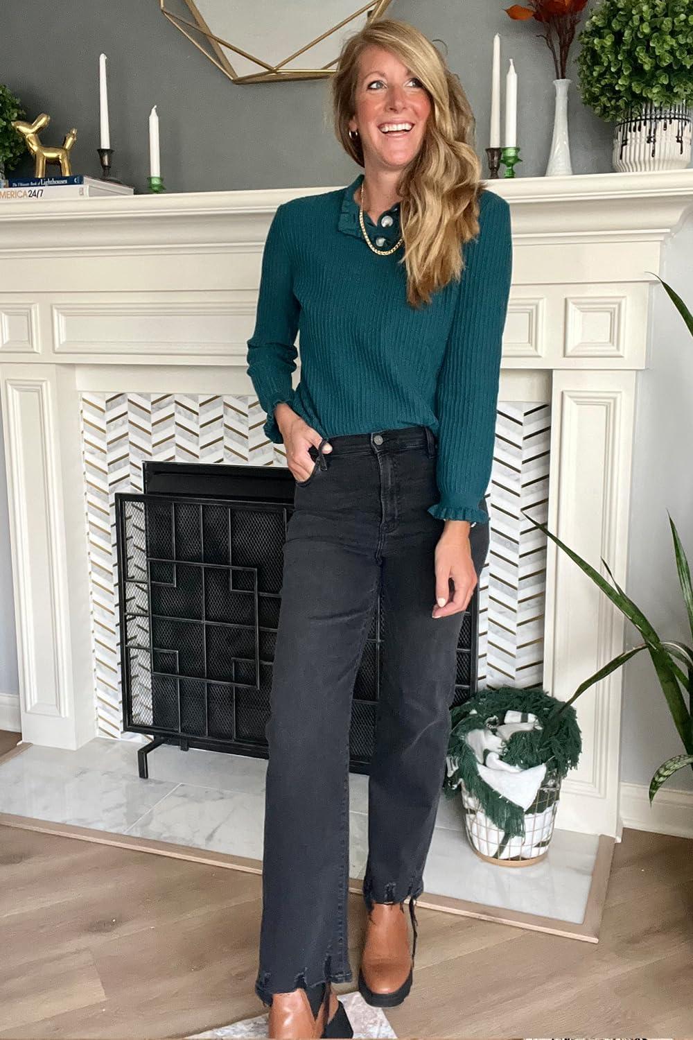 imageArachampampCloz Womens Swaters 2024 Fall Fashion Outfits Long Sleeve Crewneck Knit Tops Ruffle Casual TShirts Cute Tees BlousesGreen