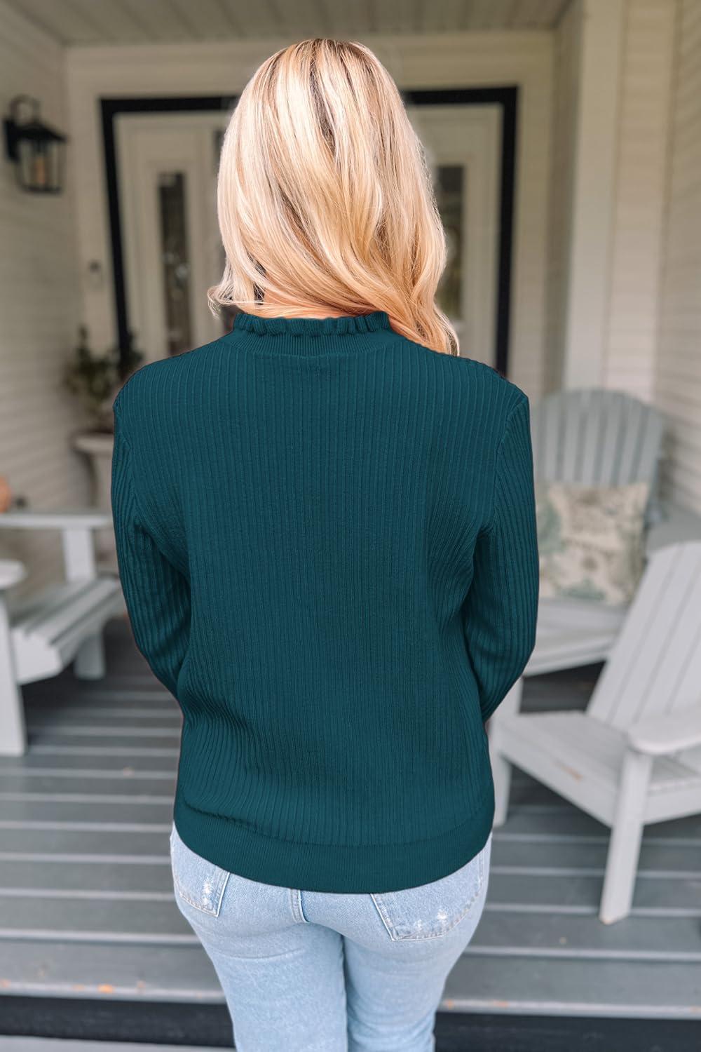 imageArachampampCloz Womens Swaters 2024 Fall Fashion Outfits Long Sleeve Crewneck Knit Tops Ruffle Casual TShirts Cute Tees BlousesGreen