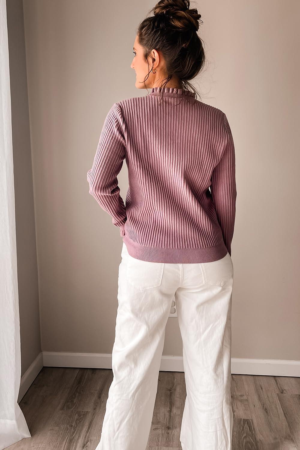 imageArachampampCloz Womens Swaters 2024 Fall Fashion Outfits Long Sleeve Crewneck Knit Tops Ruffle Casual TShirts Cute Tees BlousesGrey Purple