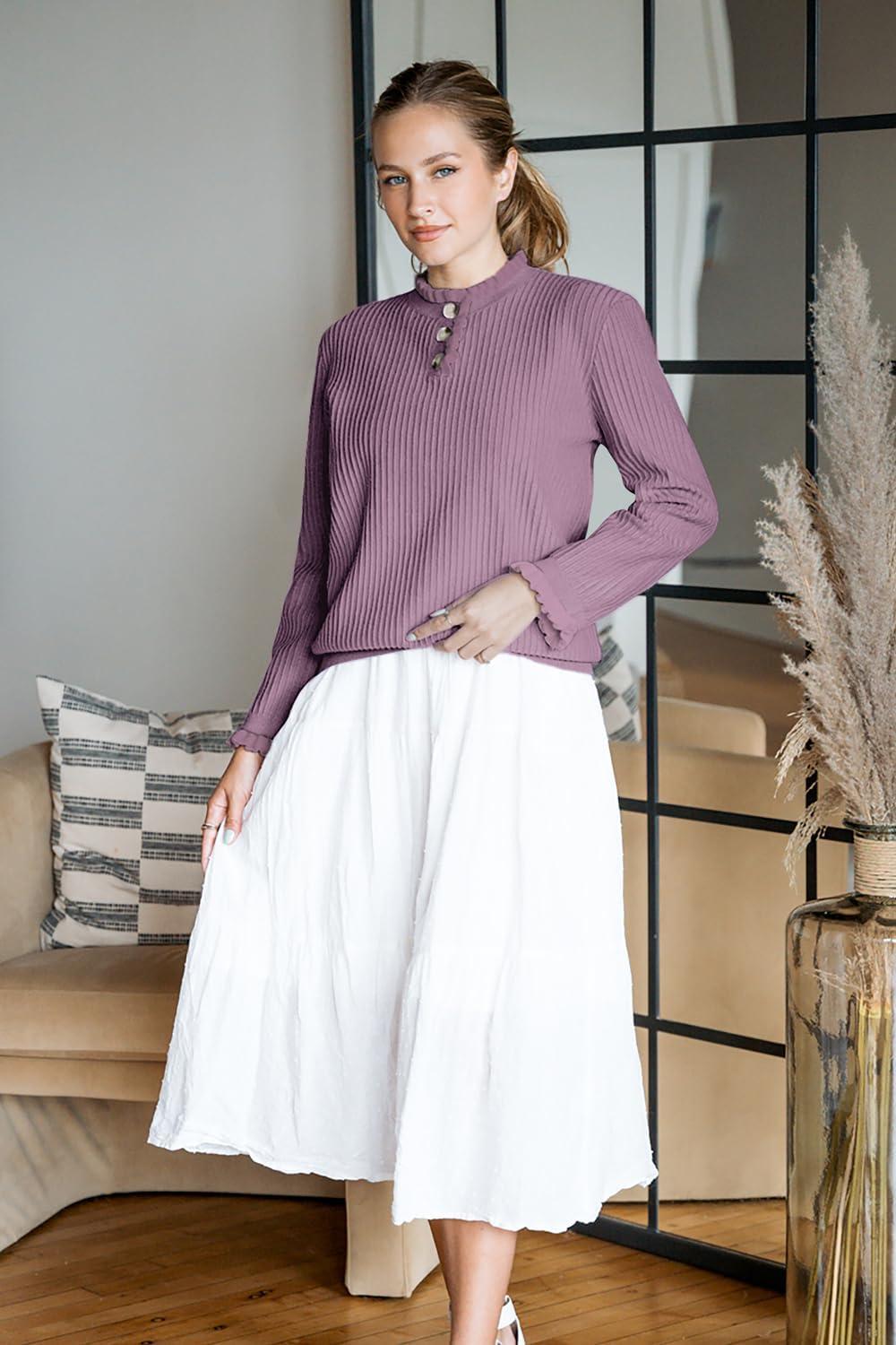 imageArachampampCloz Womens Swaters 2024 Fall Fashion Outfits Long Sleeve Crewneck Knit Tops Ruffle Casual TShirts Cute Tees BlousesGrey Purple