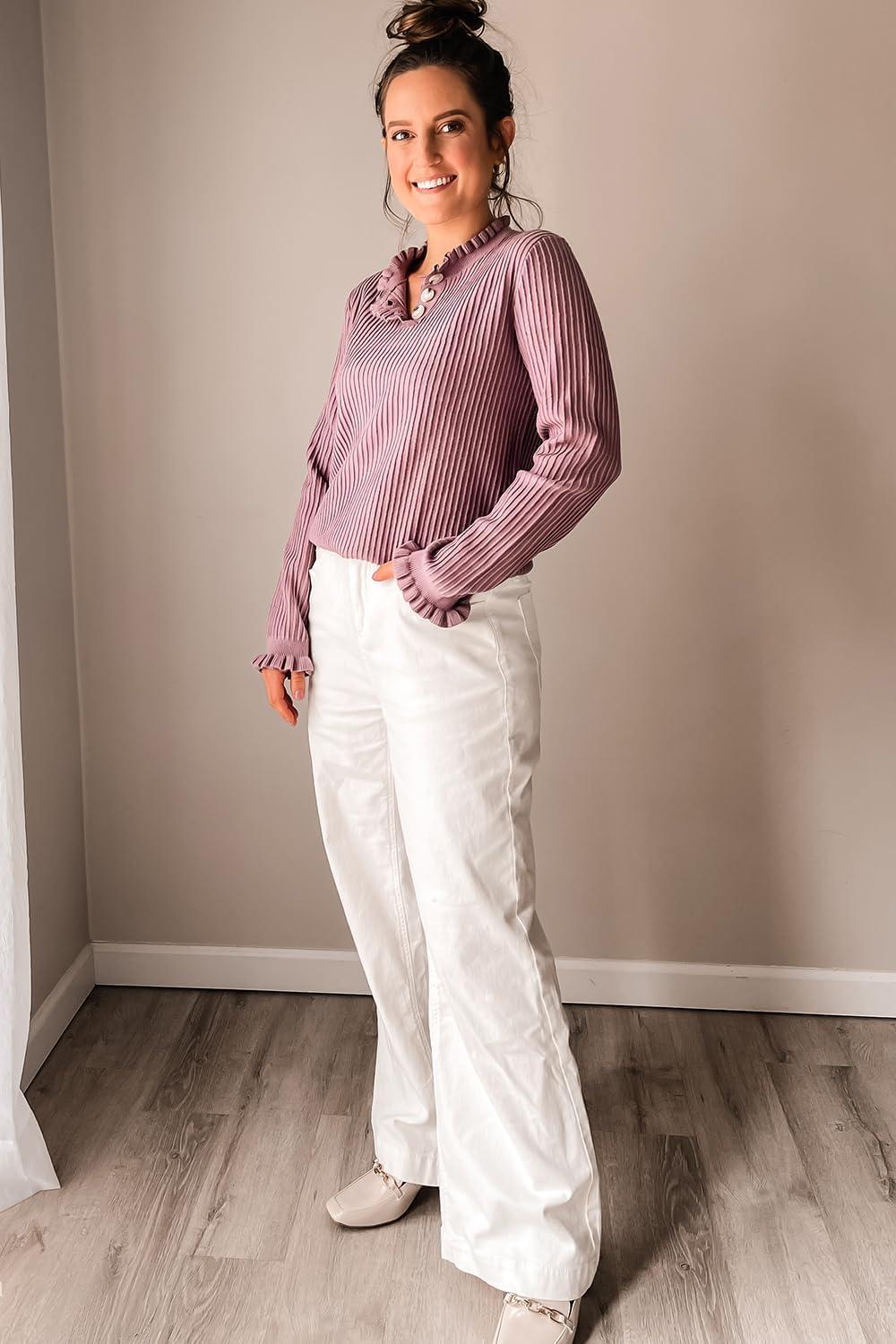 imageArachampampCloz Womens Swaters 2024 Fall Fashion Outfits Long Sleeve Crewneck Knit Tops Ruffle Casual TShirts Cute Tees BlousesGrey Purple