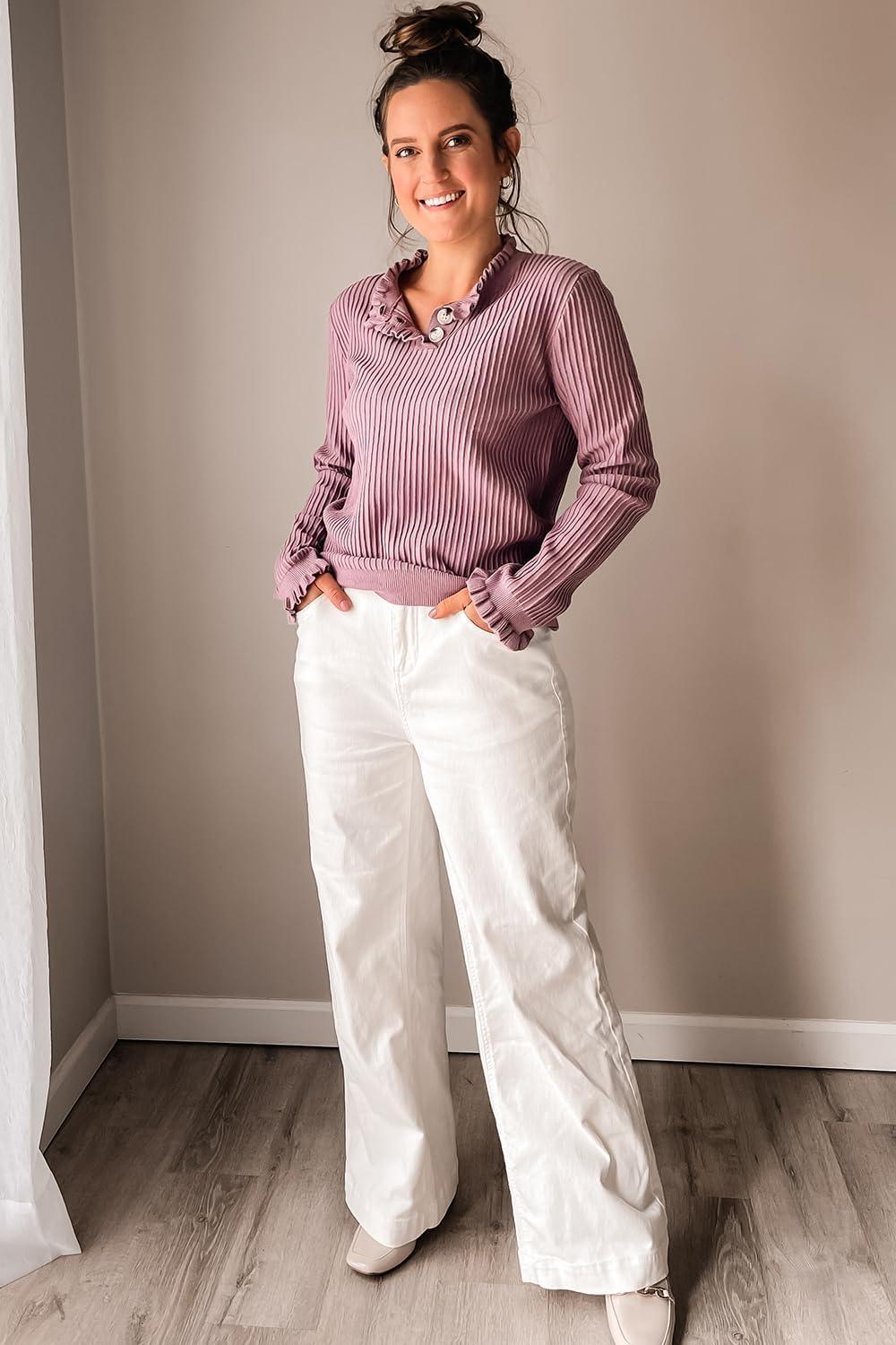 imageArachampampCloz Womens Swaters 2024 Fall Fashion Outfits Long Sleeve Crewneck Knit Tops Ruffle Casual TShirts Cute Tees BlousesGrey Purple