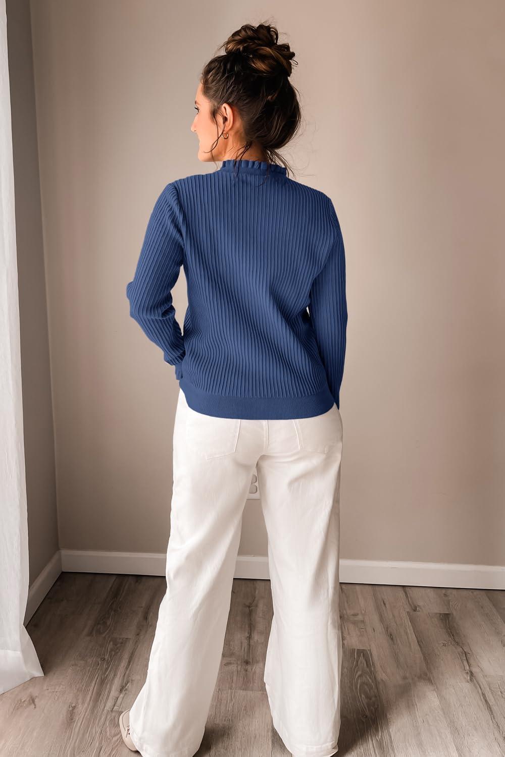 imageArachampampCloz Womens Swaters 2024 Fall Fashion Outfits Long Sleeve Crewneck Knit Tops Ruffle Casual TShirts Cute Tees BlousesNavy Blue