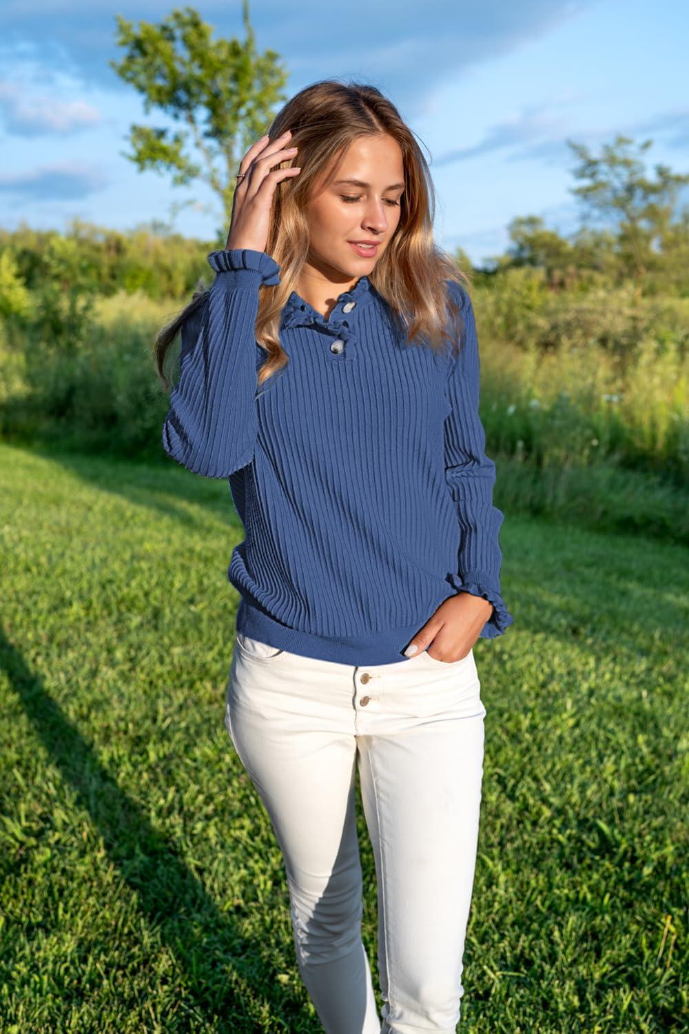 imageArachampampCloz Womens Swaters 2024 Fall Fashion Outfits Long Sleeve Crewneck Knit Tops Ruffle Casual TShirts Cute Tees BlousesNavy Blue