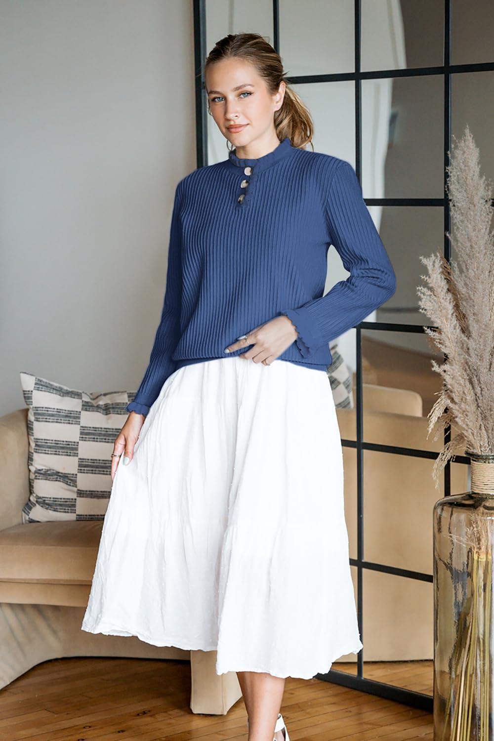 imageArachampampCloz Womens Swaters 2024 Fall Fashion Outfits Long Sleeve Crewneck Knit Tops Ruffle Casual TShirts Cute Tees BlousesNavy Blue