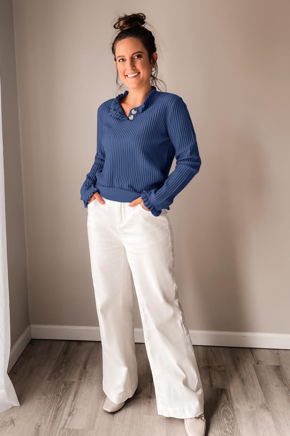 imageArachampampCloz Womens Swaters 2024 Fall Fashion Outfits Long Sleeve Crewneck Knit Tops Ruffle Casual TShirts Cute Tees BlousesNavy Blue