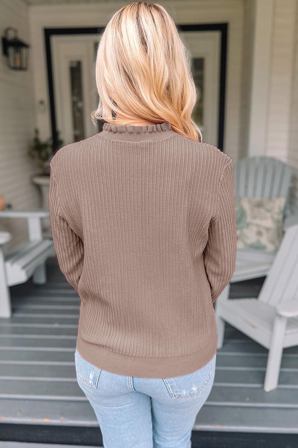 imageArachampampCloz Womens Swaters 2024 Fall Fashion Outfits Long Sleeve Crewneck Knit Tops Ruffle Casual TShirts Cute Tees BlousesNutmeg