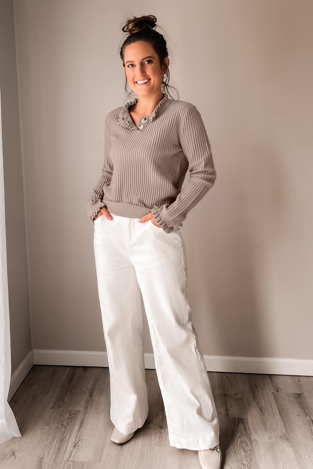 imageArachampampCloz Womens Swaters 2024 Fall Fashion Outfits Long Sleeve Crewneck Knit Tops Ruffle Casual TShirts Cute Tees BlousesNutmeg