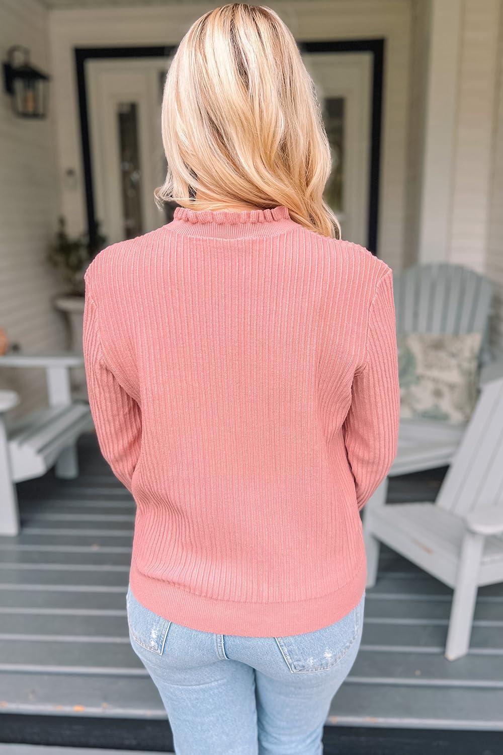 imageArachampampCloz Womens Swaters 2024 Fall Fashion Outfits Long Sleeve Crewneck Knit Tops Ruffle Casual TShirts Cute Tees BlousesPink