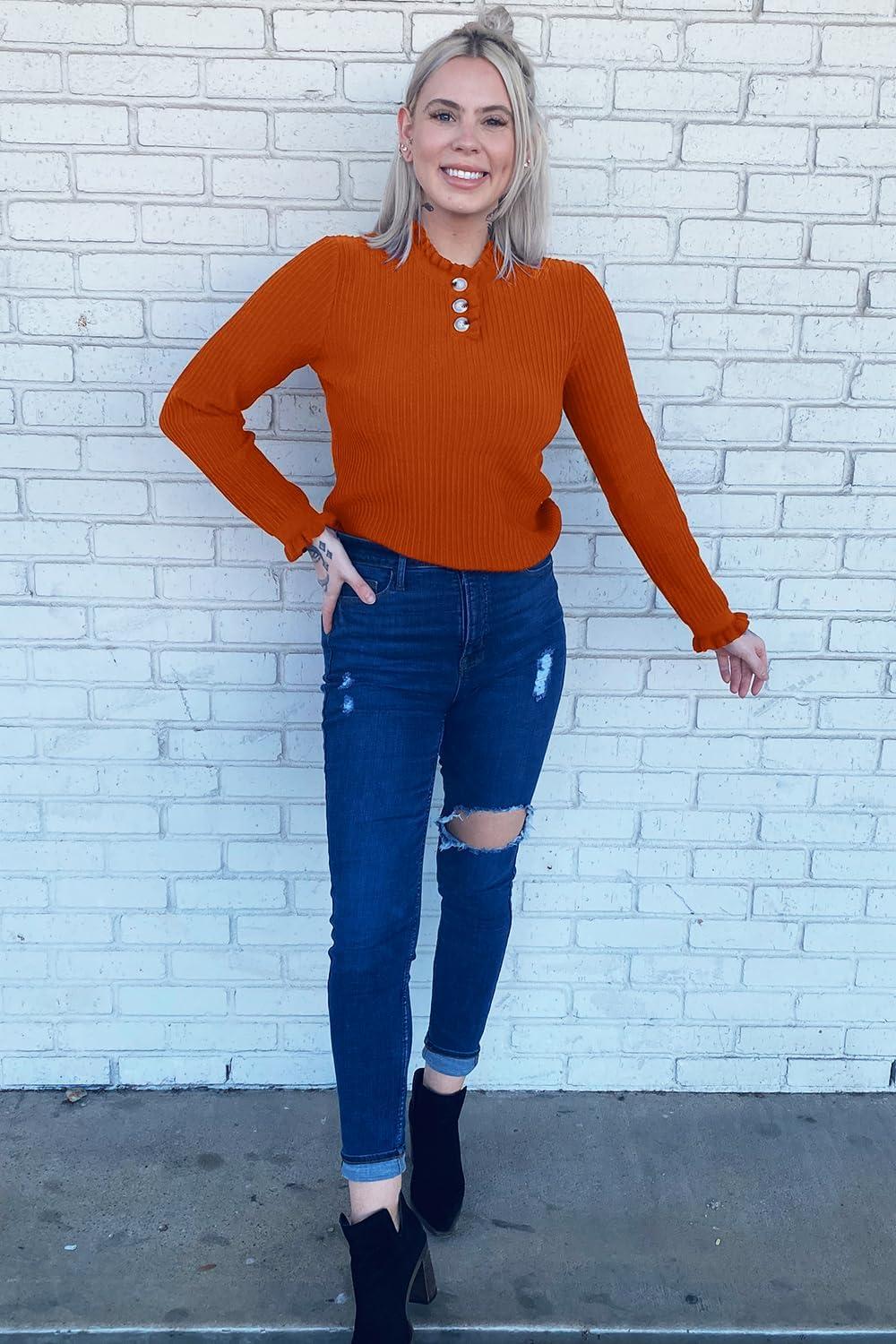 imageArachampampCloz Womens Swaters 2024 Fall Fashion Outfits Long Sleeve Crewneck Knit Tops Ruffle Casual TShirts Cute Tees BlousesRust