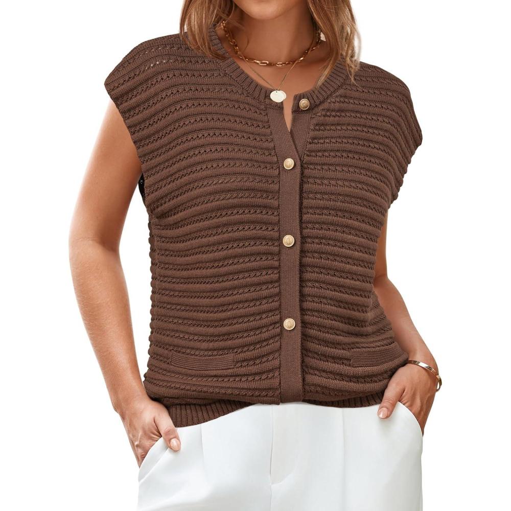imageArachampampCloz Women Cap Sleeve Sweater Vest 2025 Summer Crochet Button Down Knit Cardigan Loose Business Casual Tops TrendyCoffee