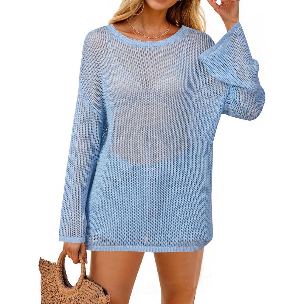 imageArachampampCloz Womens Linen Summer Fall Lightweight Crochet Tops Beach Cover Up 2025Light Blue