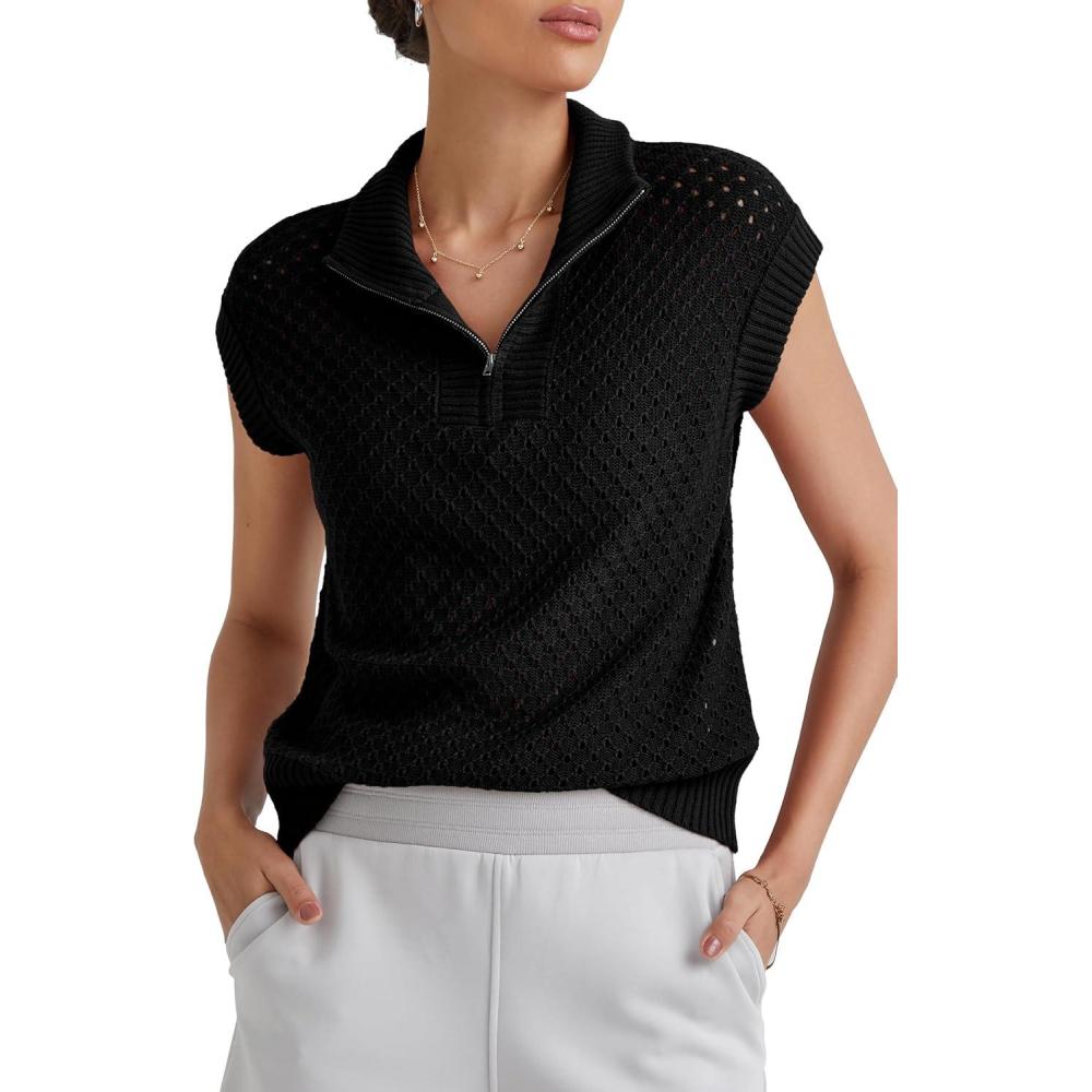 imageArachampampCloz Womens Summer Cap Sleeve Sweater Vest 2025 Spring Casual Quarter Zip Hollow Out Crochet Polo V Neck TopsBlack