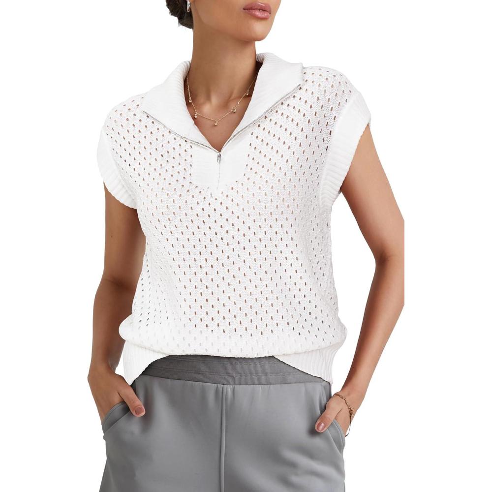 imageArachampampCloz Womens Summer Cap Sleeve Sweater Vest 2025 Spring Casual Quarter Zip Hollow Out Crochet Polo V Neck TopsOffwhite